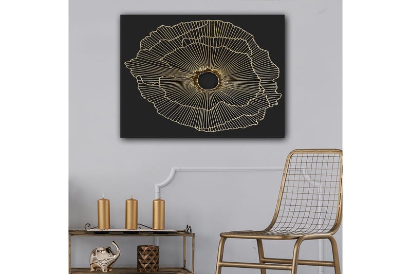 Canvastavla 70x100 cm - Abstrakt blomma med guldlinjer på svart bakgrund, Guld / Svart
