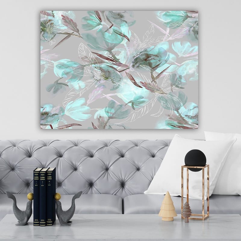 Canvastavla 70x100 cm - Abstrakt blommotiv i mjuka pastellfärger - Aqua / Grå / Brun - Inredning - Tavlor & konst - Canvastavlor