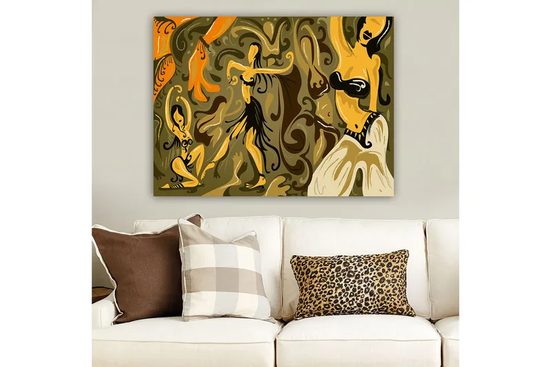 Canvastavla 70x100 cm - Abstrakt dansmotiv med kvinnliga figurer i livfulla poser - Guld / Brun / Olivgrön - Inredning - Tavlor & konst - Canvastavlor