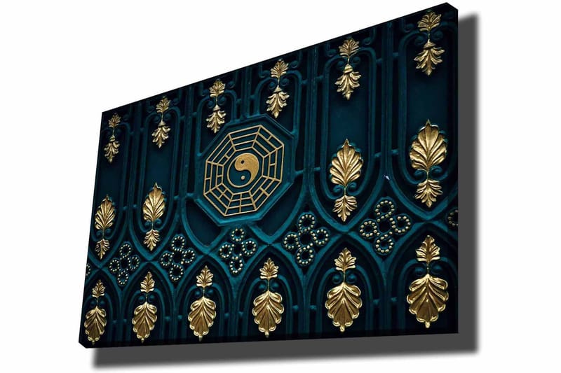 Canvastavla 70x100 cm - Abstrakt design med yin-yang-symbol och dekorativa element i guld och blått - Mörkblå / Guld - Inredning - Tavlor & konst - Canvastavlor