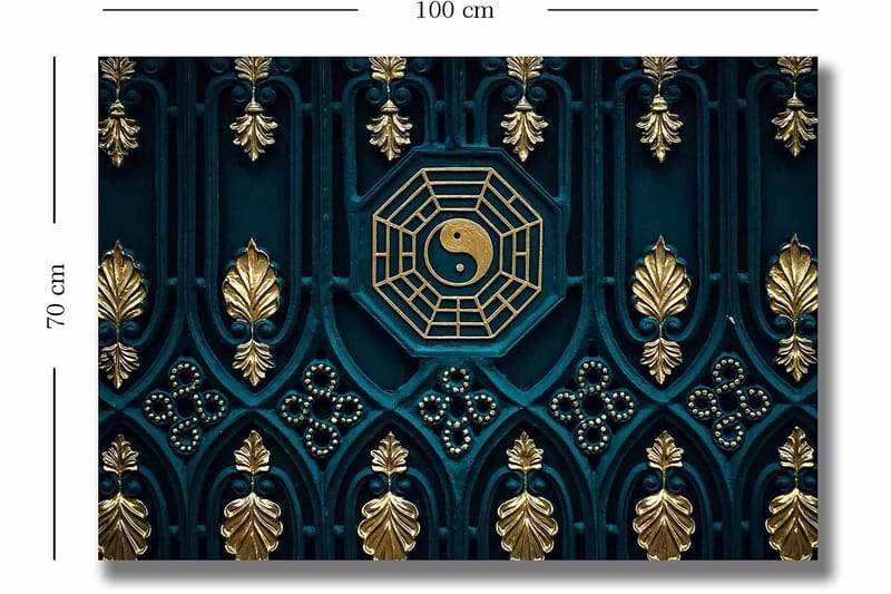 Canvastavla 70x100 cm - Abstrakt design med yin-yang-symbol och dekorativa element i guld och blått - Mörkblå / Guld - Inredning - Tavlor & konst - Canvastavlor