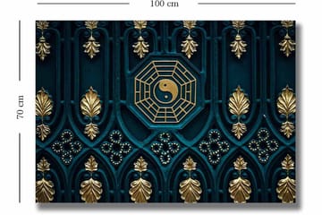 Canvastavla 70x100 cm - Abstrakt design med yin-yang-symbol och dekorativa element i guld och blått - Mörkblå / Guld - Inredning - Tavlor & konst - Canvastavlor