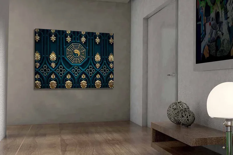 Canvastavla 70x100 cm - Abstrakt design med yin-yang-symbol och dekorativa element i guld och blått, Mörkblå / Guld