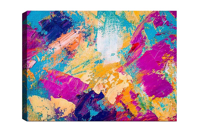 Canvastavla 70x100 cm - Abstrakt färgexplosion med livfulla nyanser som skapar en dynamisk känsla, Turkos / Lila / Orange