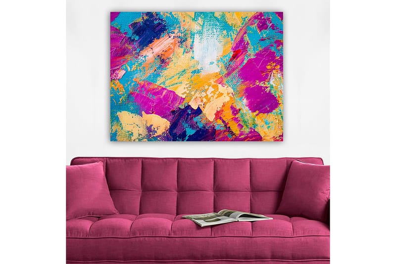 Canvastavla 70x100 cm - Abstrakt färgexplosion med livfulla nyanser som skapar en dynamisk känsla - Turkos / Lila / Orange - Inredning - Tavlor & konst - Canvastavlor
