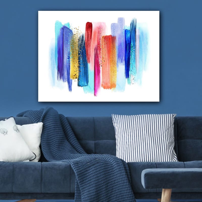 Canvastavla 70x100 cm - Abstrakt färgspel med vertikala penseldrag i livliga nyanser - Blå / Röd / Rosa - Inredning - Tavlor & konst - Canvastavlor