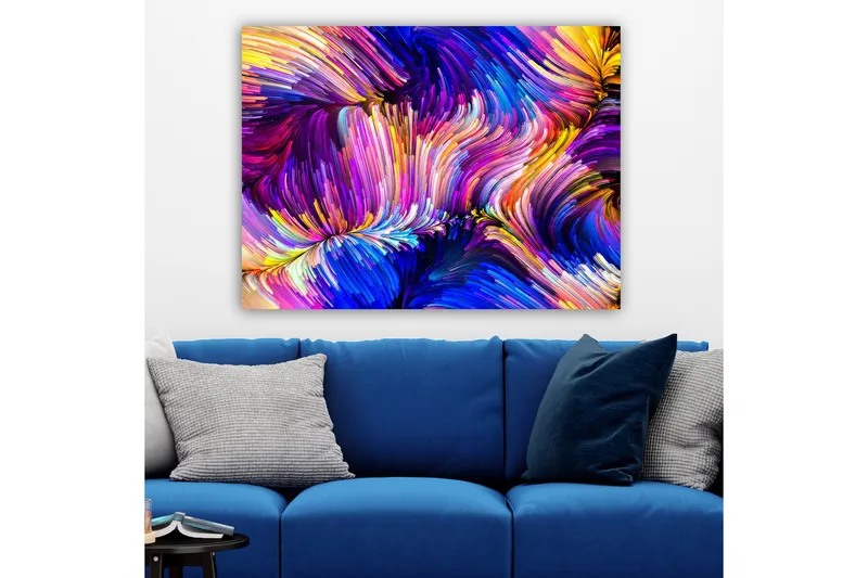 Canvastavla 70x100 cm - Abstrakt färgsprakande komposition med svepande linjer och former - Lila / Blå / Gul - Inredning - Tavlor & konst - Canvastavlor