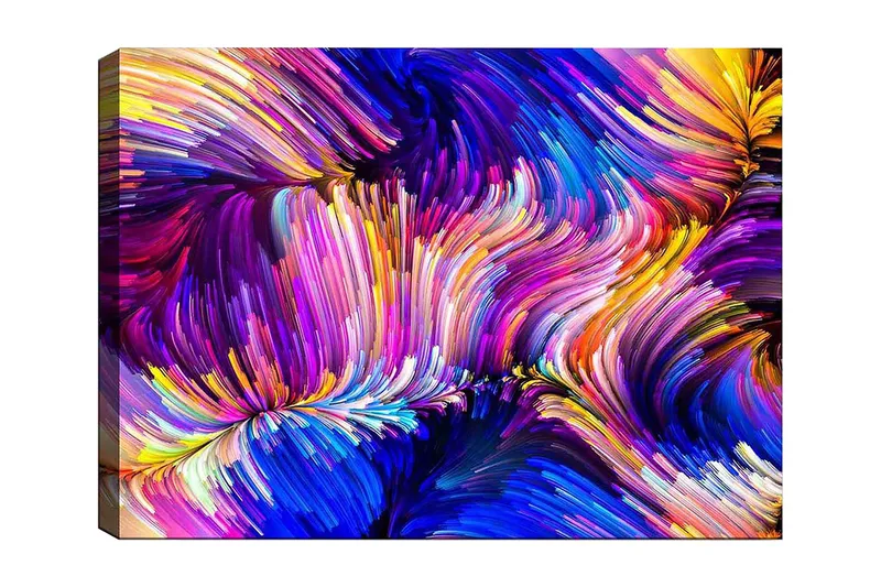 Canvastavla 70x100 cm - Abstrakt färgsprakande komposition med svepande linjer och former, Lila / Blå / Gul