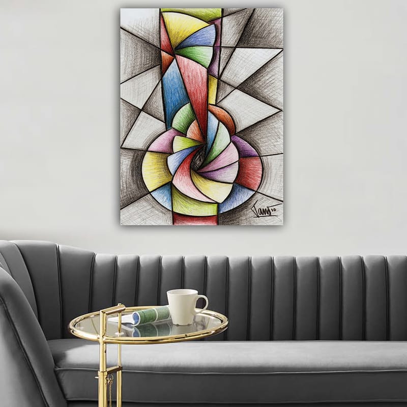 Canvastavla 70x100 cm - Abstrakt geometrisk komposition med en spiralform som dominerar motivet - Grön / Blå / Röd - Inredning - Tavlor & konst - Canvastavlor