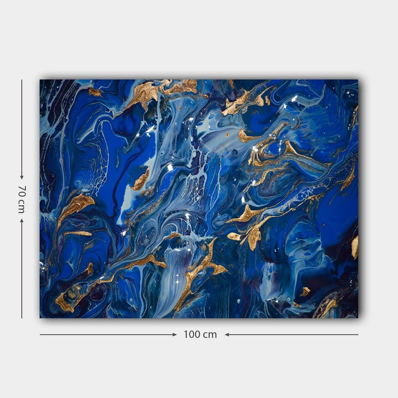 Canvastavla 70x100 cm - Abstrakt havsmotiv med virvlande blå nyanser och inslag av guld - Mörkblå / Ljusblå / Guld - Inredning - Tavlor & konst - Canvastavlor