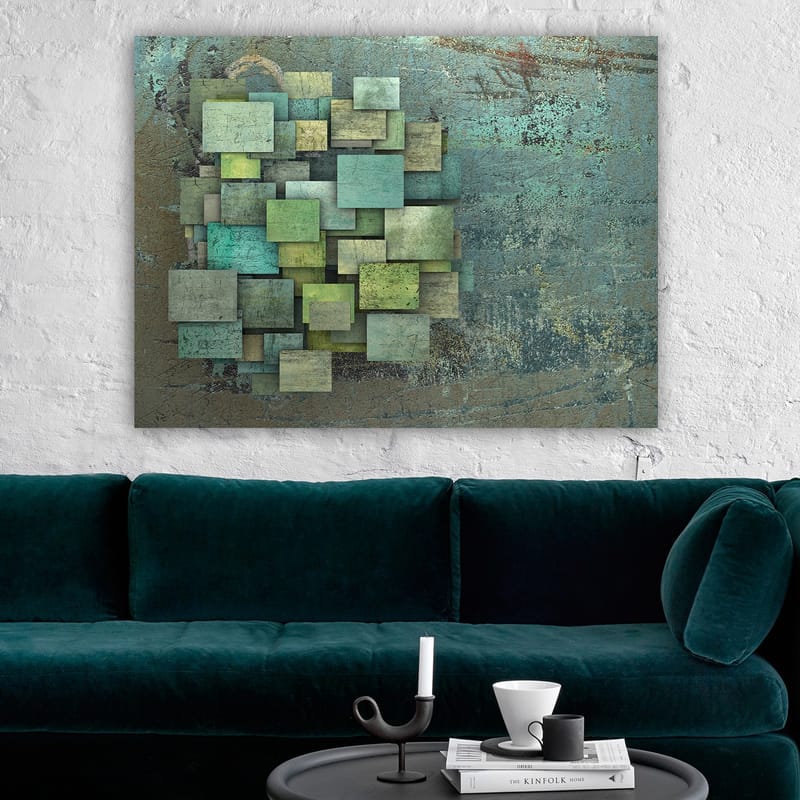 Canvastavla 70x100 cm - Abstrakt komposition av överlappande kvadrater i olika nyanser av grönt och blått - Grön / Turkos / Blå - Inredning - Tavlor & konst - Canvastavlor