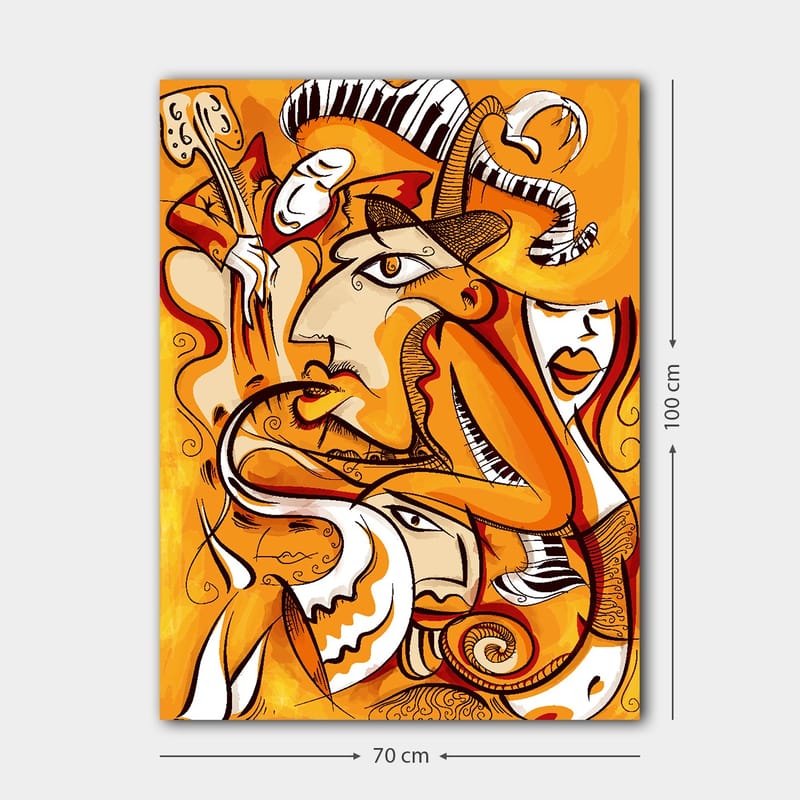 Canvastavla 70x100 cm - Abstrakt komposition av ansikten och former i varma orangea nyanser - Orange / Vit / Svart - Inredning - Tavlor & konst - Canvastavlor