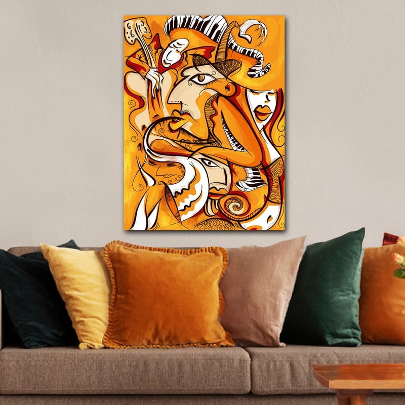 Canvastavla 70x100 cm - Abstrakt komposition av ansikten och former i varma orangea nyanser - Orange / Vit / Svart - Inredning - Tavlor & konst - Canvastavlor