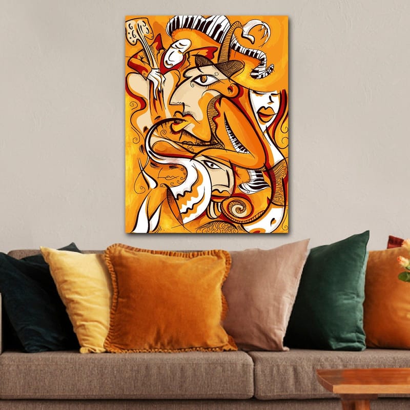Canvastavla 70x100 cm - Abstrakt komposition av ansikten och former i varma orangea nyanser - Orange / Vit / Svart - Inredning - Tavlor & konst - Canvastavlor