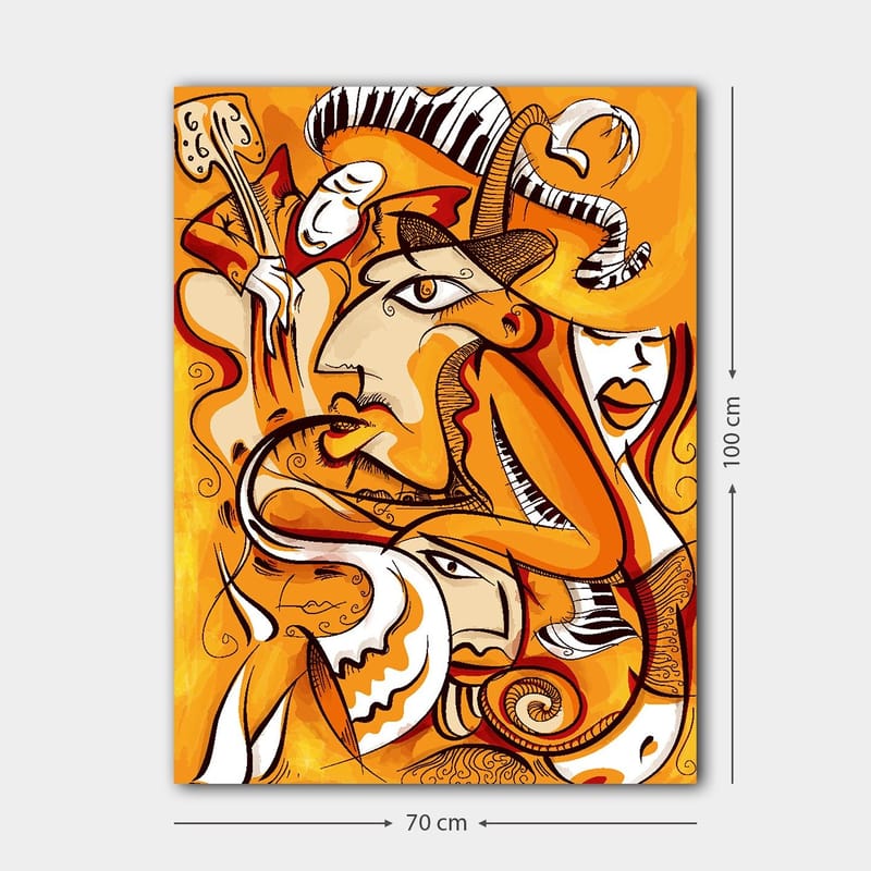 Canvastavla 70x100 cm - Abstrakt komposition av ansikten och former i varma orangea nyanser - Orange / Vit / Svart - Inredning - Tavlor & konst - Canvastavlor
