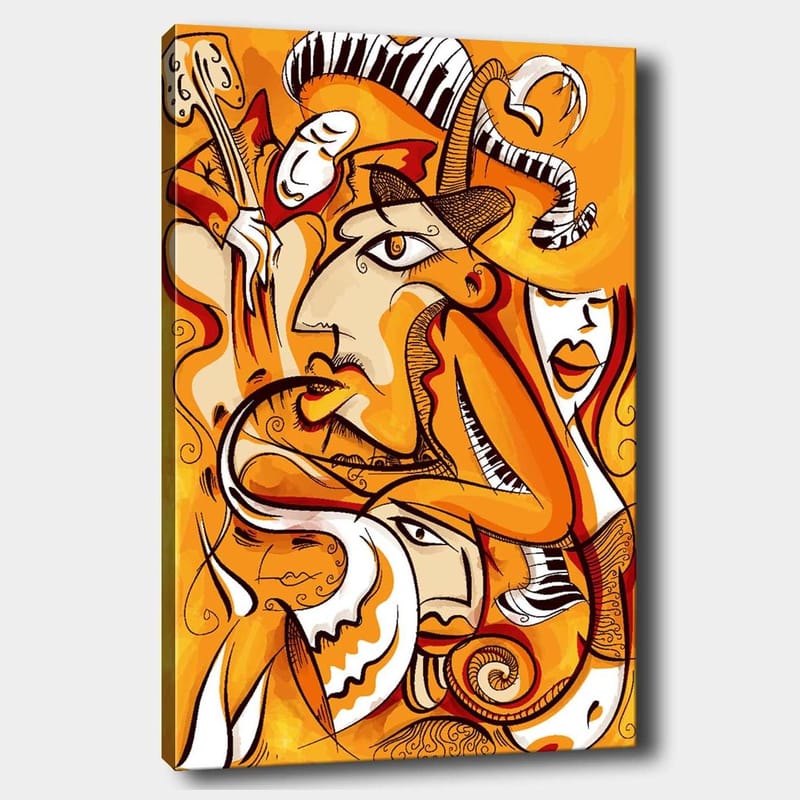 Canvastavla 70x100 cm - Abstrakt komposition av ansikten och former i varma orangea nyanser, Orange / Vit / Svart