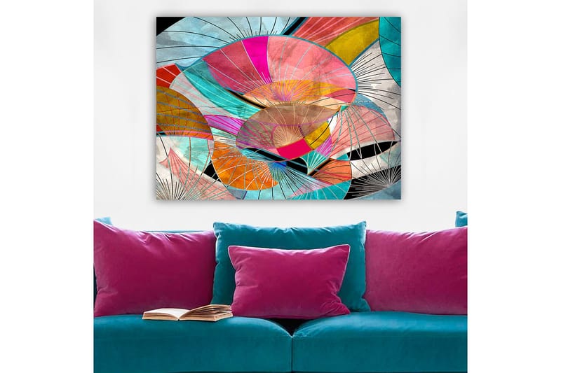 Canvastavla 70x100 cm - Abstrakt komposition av färgglada former som påminner om blad eller skärmar - Rosa / Turkos / Orange - Inredning - Tavlor & konst - Canvastavlor