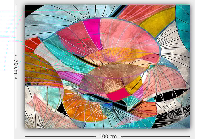Canvastavla 70x100 cm - Abstrakt komposition av färgglada former som påminner om blad eller skärmar - Rosa / Turkos / Orange - Inredning - Tavlor & konst - Canvastavlor