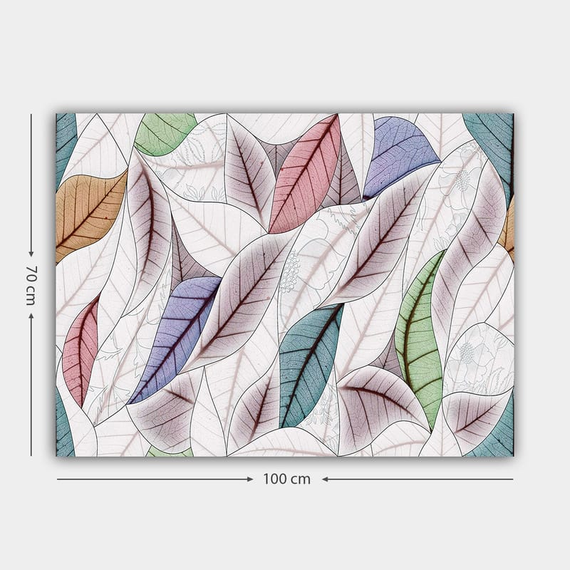 Canvastavla 70x100 cm - Abstrakt komposition av färgglada löv i olika former och nyanser - Grön / Röd / Blå - Inredning - Tavlor & konst - Canvastavlor