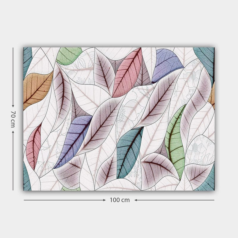Canvastavla 70x100 cm - Abstrakt komposition av färgglada löv i olika former och nyanser - Grön / Röd / Blå - Inredning - Tavlor & konst - Canvastavlor