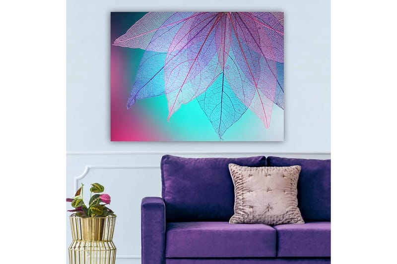 Canvastavla 70x100 cm - Abstrakt komposition av genomskinliga blad med en harmonisk färgpalett - Lila / Turkos / Rosa - Inredning - Tavlor & konst - Canvastavlor