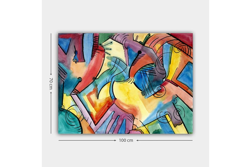 Canvastavla 70x100 cm - Abstrakt komposition av händer och former som symboliserar samhörighet och rörelse - Röd / Blå / Gul - Inredning - Tavlor & konst - Canvastavlor