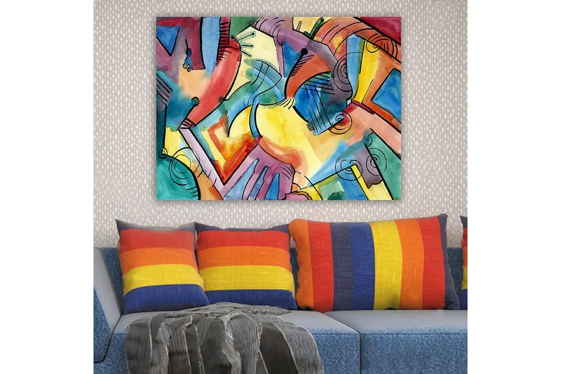 Canvastavla 70x100 cm - Abstrakt komposition av händer och former som symboliserar samhörighet och rörelse - Röd / Blå / Gul - Inredning - Tavlor & konst - Canvastavlor