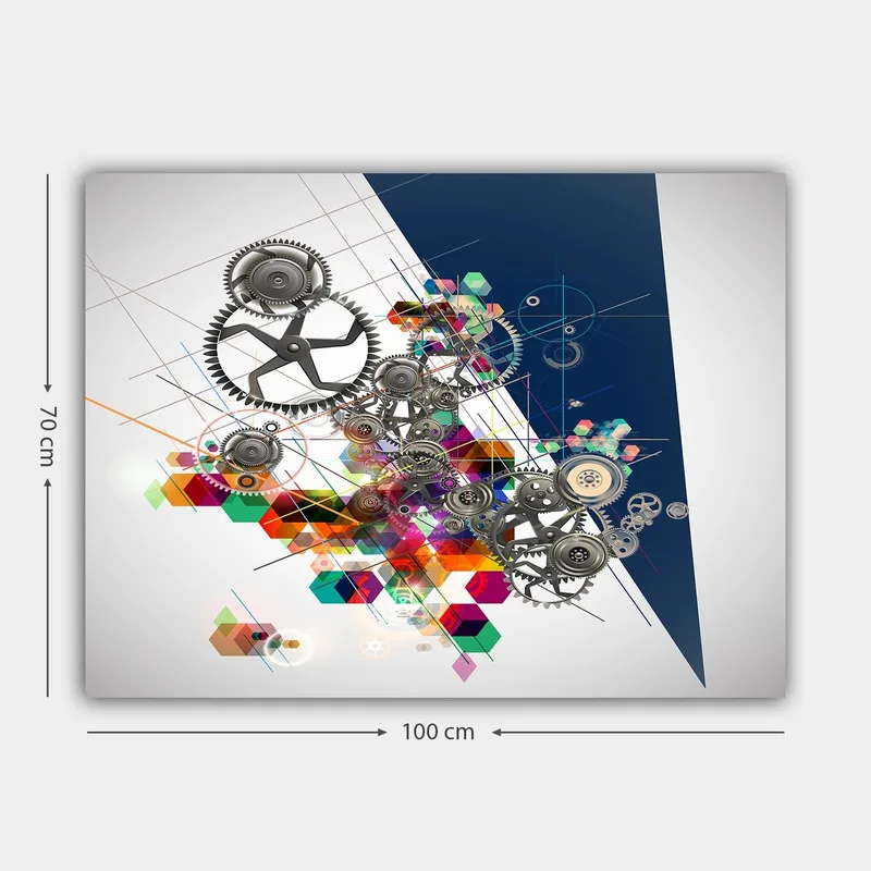 Canvastavla 70x100 cm - Abstrakt komposition av kugghjul och geometriska former i livliga färger - Grå / Röd / Grön - Inredning - Tavlor & konst - Canvastavlor