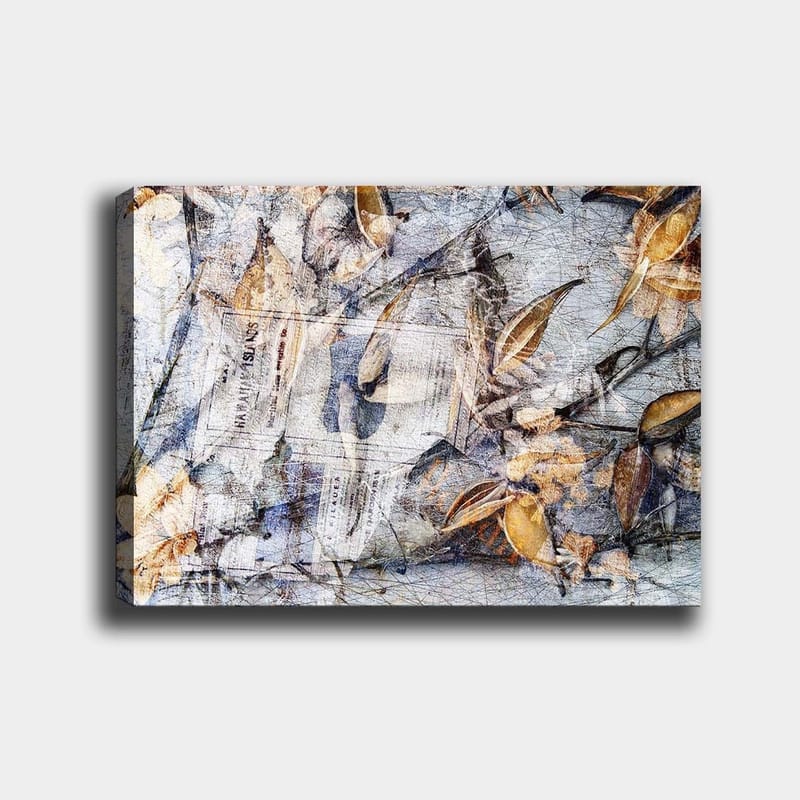 Canvastavla 70x100 cm - Abstrakt komposition av löv och tidningspapper som skapar en känsla av natur och tidens gång, Grå / Beige / Brun