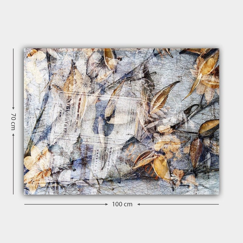 Canvastavla 70x100 cm - Abstrakt komposition av löv och tidningspapper som skapar en känsla av natur och tidens gång - Grå / Beige / Brun - Inredning - Tavlor & konst - Canvastavlor