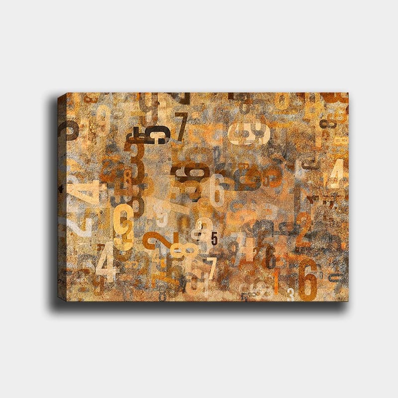 Canvastavla 70x100 cm - Abstrakt komposition av siffror i olika storlekar och nyanser, Orange / Beige / Brun