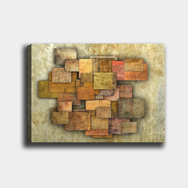 Canvastavla 70x100 cm - Abstrakt komposition av träplattor i olika nyanser som skapar en dynamisk struktur - Guldbrun / Orange / Beige - Inredning - Tavlor & konst - Canvastavlor