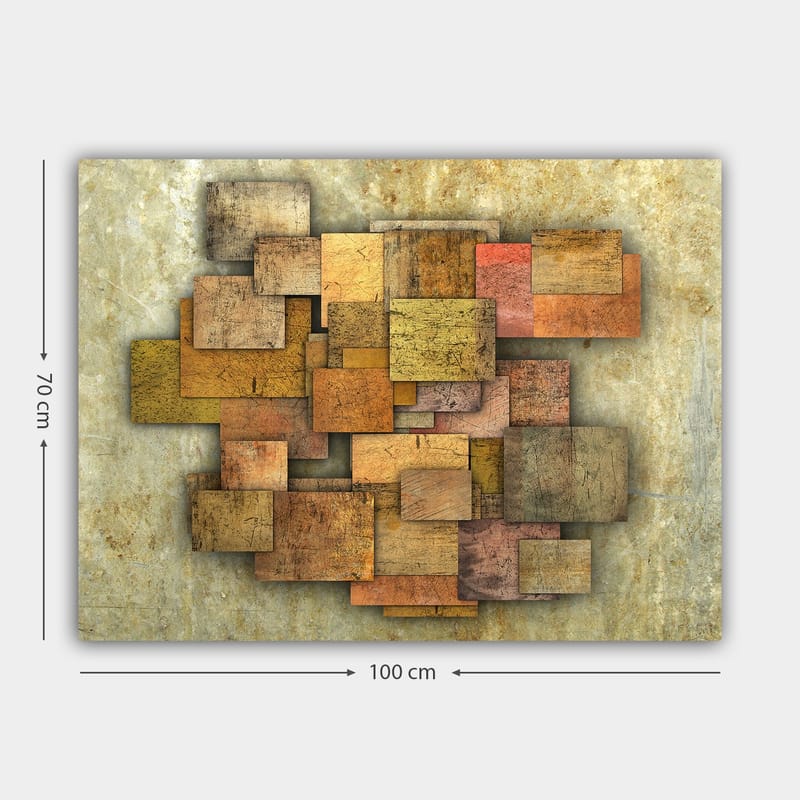 Canvastavla 70x100 cm - Abstrakt komposition av träplattor i olika nyanser som skapar en dynamisk struktur - Guldbrun / Orange / Beige - Inredning - Tavlor & konst - Canvastavlor