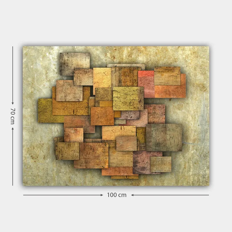 Canvastavla 70x100 cm - Abstrakt komposition av träplattor i olika nyanser som skapar en dynamisk struktur - Guldbrun / Orange / Beige - Inredning - Tavlor & konst - Canvastavlor