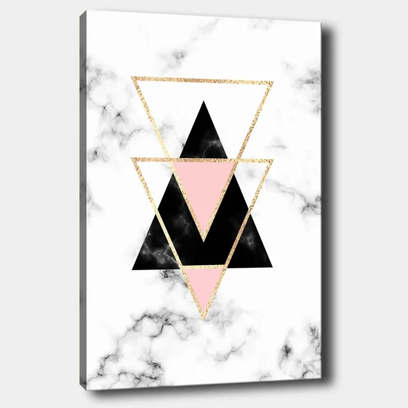 Canvastavla 70x100 cm - Abstrakt komposition av trianglar i olika färger och former, Svart / Rosa / Guld