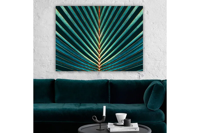 Canvastavla 70x100 cm - Abstrakt komposition av palmblad med tydliga linjer och symmetri - Mörkgrön / Turkos / Orange - Inredning - Tavlor & konst - Canvastavlor