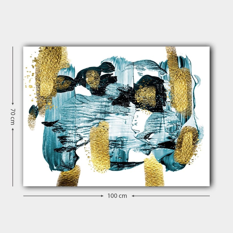 Canvastavla 70x100 cm - Abstrakt komposition med blå och guldiga inslag som skapar en dynamisk känsla - Mörkblå / Guld / Ljusblå - Inredning - Tavlor & konst - Canvastavlor