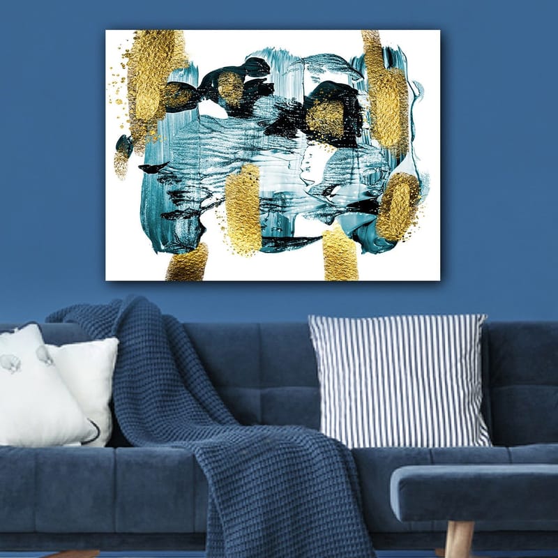 Canvastavla 70x100 cm - Abstrakt komposition med blå och guldiga inslag som skapar en dynamisk känsla - Mörkblå / Guld / Ljusblå - Inredning - Tavlor & konst - Canvastavlor