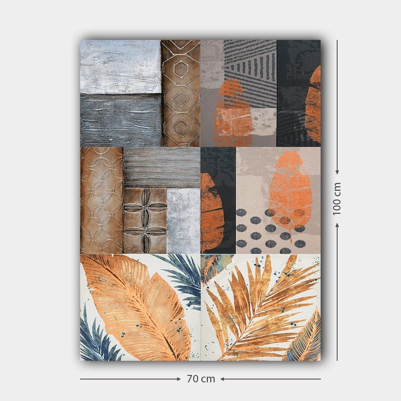 Canvastavla 70x100 cm - Abstrakt komposition med bladmotiv och geometriska mönster i jordnära toner - Orange / Grå / Beige - Inredning - Tavlor & konst - Canvastavlor