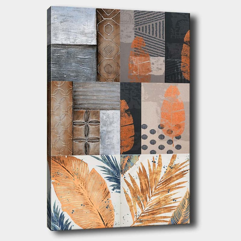 Canvastavla 70x100 cm - Abstrakt komposition med bladmotiv och geometriska mönster i jordnära toner - Orange / Grå / Beige - Inredning - Tavlor & konst - Canvastavlor