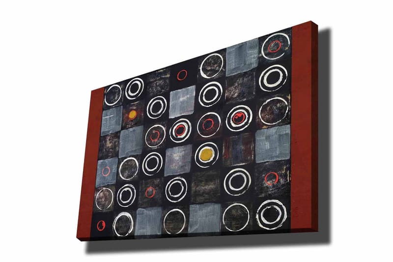 Canvastavla 70x100 cm - Abstrakt komposition med cirklar och kvadrater i kontrasterande färger - Svart / Grå / Röd - Inredning - Tavlor & konst - Canvastavlor