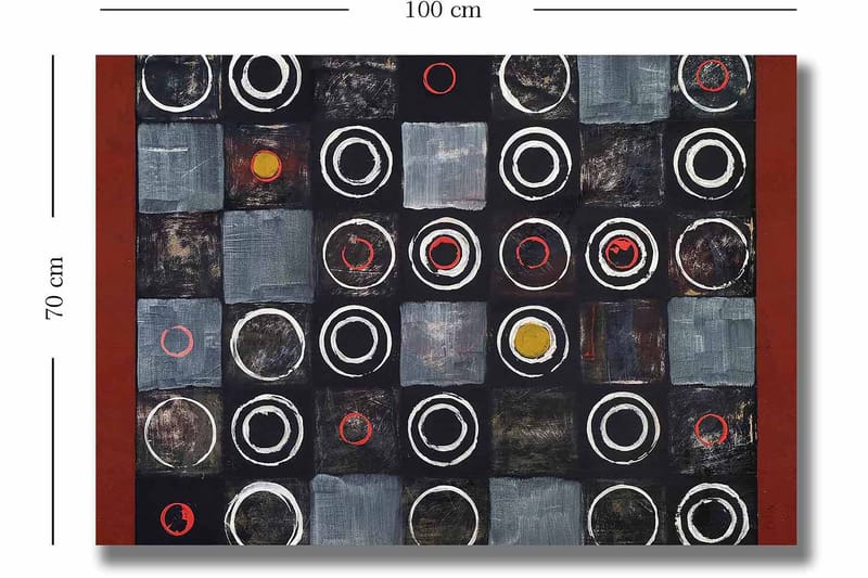 Canvastavla 70x100 cm - Abstrakt komposition med cirklar och kvadrater i kontrasterande färger - Svart / Grå / Röd - Inredning - Tavlor & konst - Canvastavlor