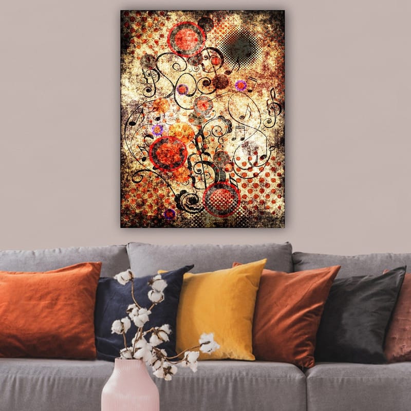 Canvastavla 70x100 cm - Abstrakt komposition med cirklar och svarta linjer i en dynamisk och lekfull stil, Röd / Svart / Beige