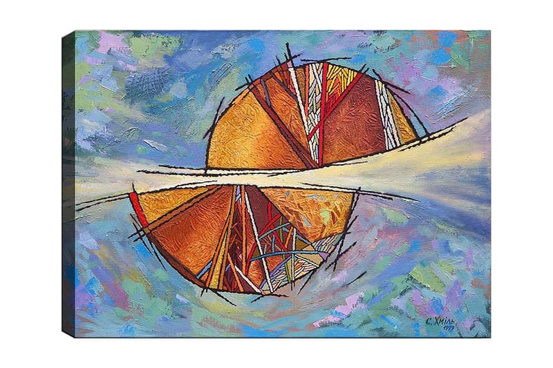 Canvastavla 70x100 cm - Abstrakt komposition med cirkulära former och geometriska mönster i varma färger - Guld / Röd / Orange - Inredning - Tavlor & konst - Canvastavlor