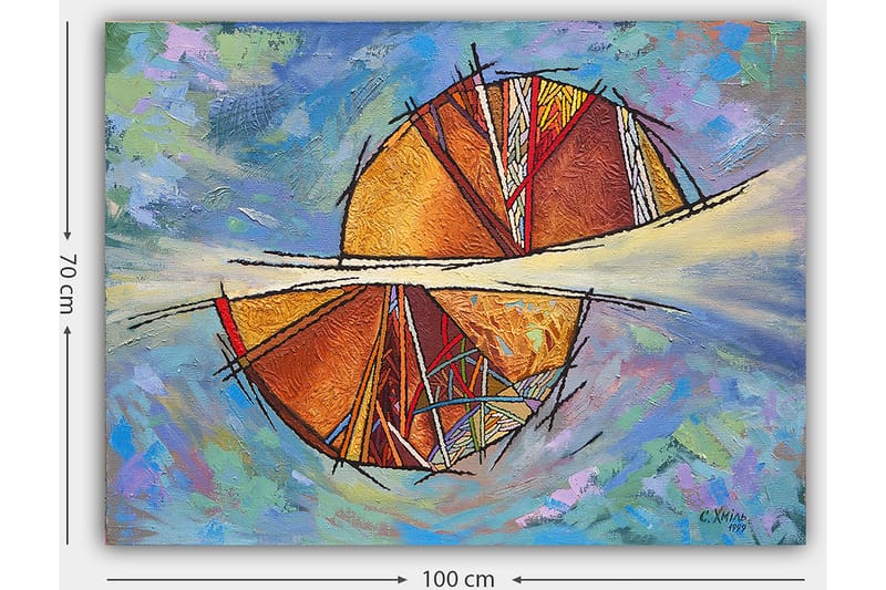 Canvastavla 70x100 cm - Abstrakt komposition med cirkulära former och geometriska mönster i varma färger - Guld / Röd / Orange - Inredning - Tavlor & konst - Canvastavlor