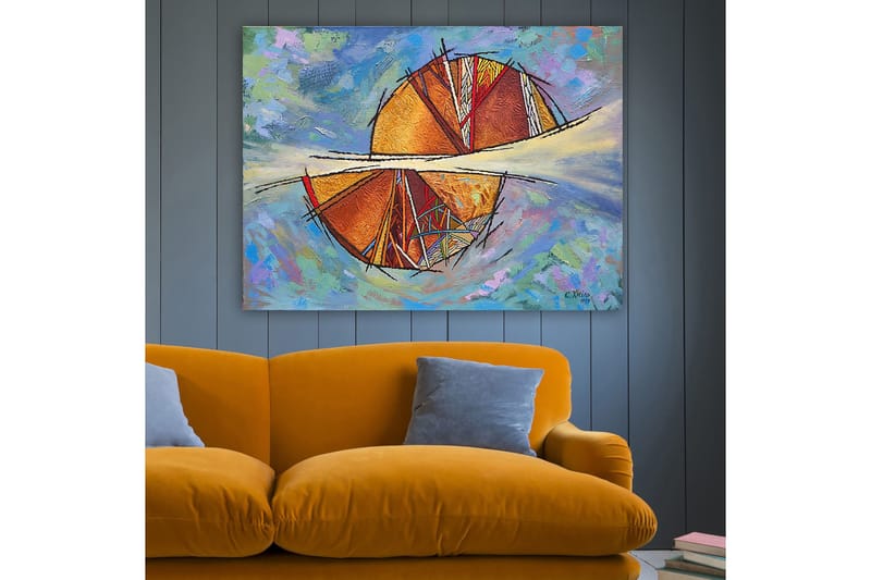 Canvastavla 70x100 cm - Abstrakt komposition med cirkulära former och geometriska mönster i varma färger - Guld / Röd / Orange - Inredning - Tavlor & konst - Canvastavlor