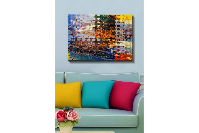 Canvastavla 70x100 cm - Abstrakt komposition med cirkulära mönster i olika färger som skapar en dynamisk känsla - Blå / Orange / Gul - Inredning - Tavlor & konst - Canvastavlor