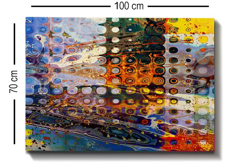 Canvastavla 70x100 cm - Abstrakt komposition med cirkulära mönster i olika färger som skapar en dynamisk känsla - Blå / Orange / Gul - Inredning - Tavlor & konst - Canvastavlor