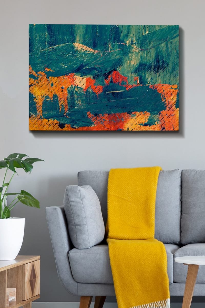 Canvastavla 70x100 cm - Abstrakt komposition med djupa gröna och varma orangea toner - Mörkgrön / Orange - Inredning - Tavlor & konst - Canvastavlor