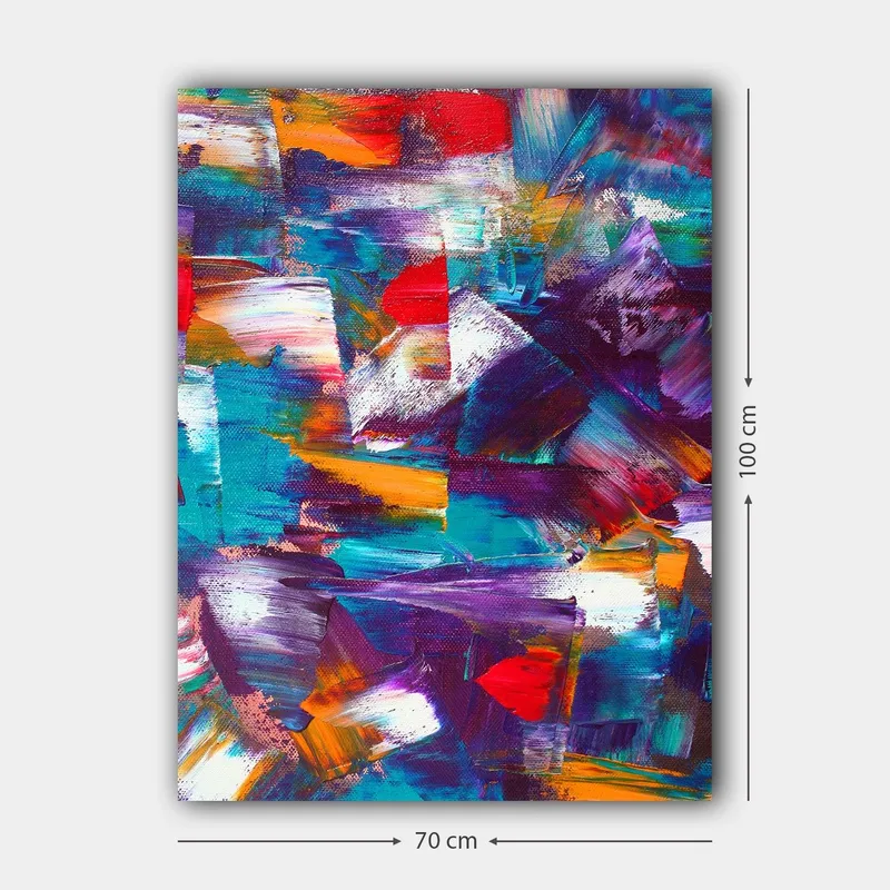 Canvastavla 70x100 cm - Abstrakt komposition med dynamiska färgfält och texturer - Turkos / Lila / Röd - Inredning - Tavlor & konst - Canvastavlor